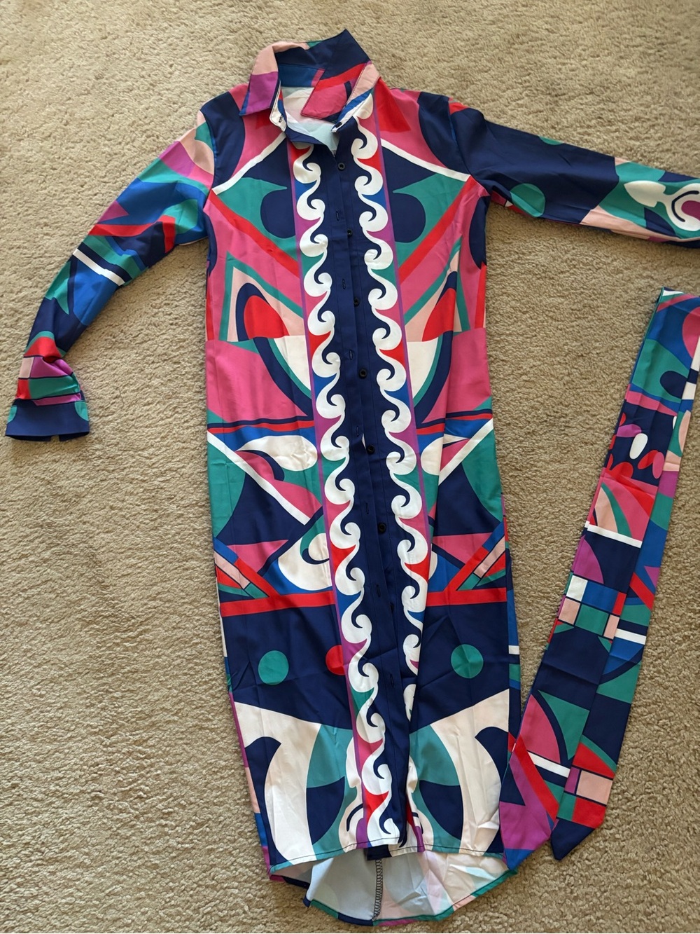 Long Sleeve Geometric Print Maxi Dress in Navy, Pink & Teal